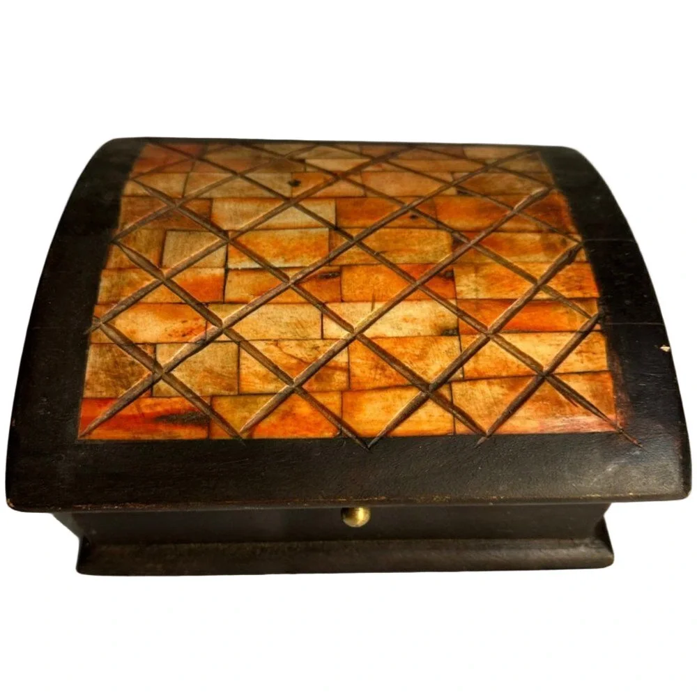 Unique Primitive Inlaid Wooden Box, Old World Vintage
